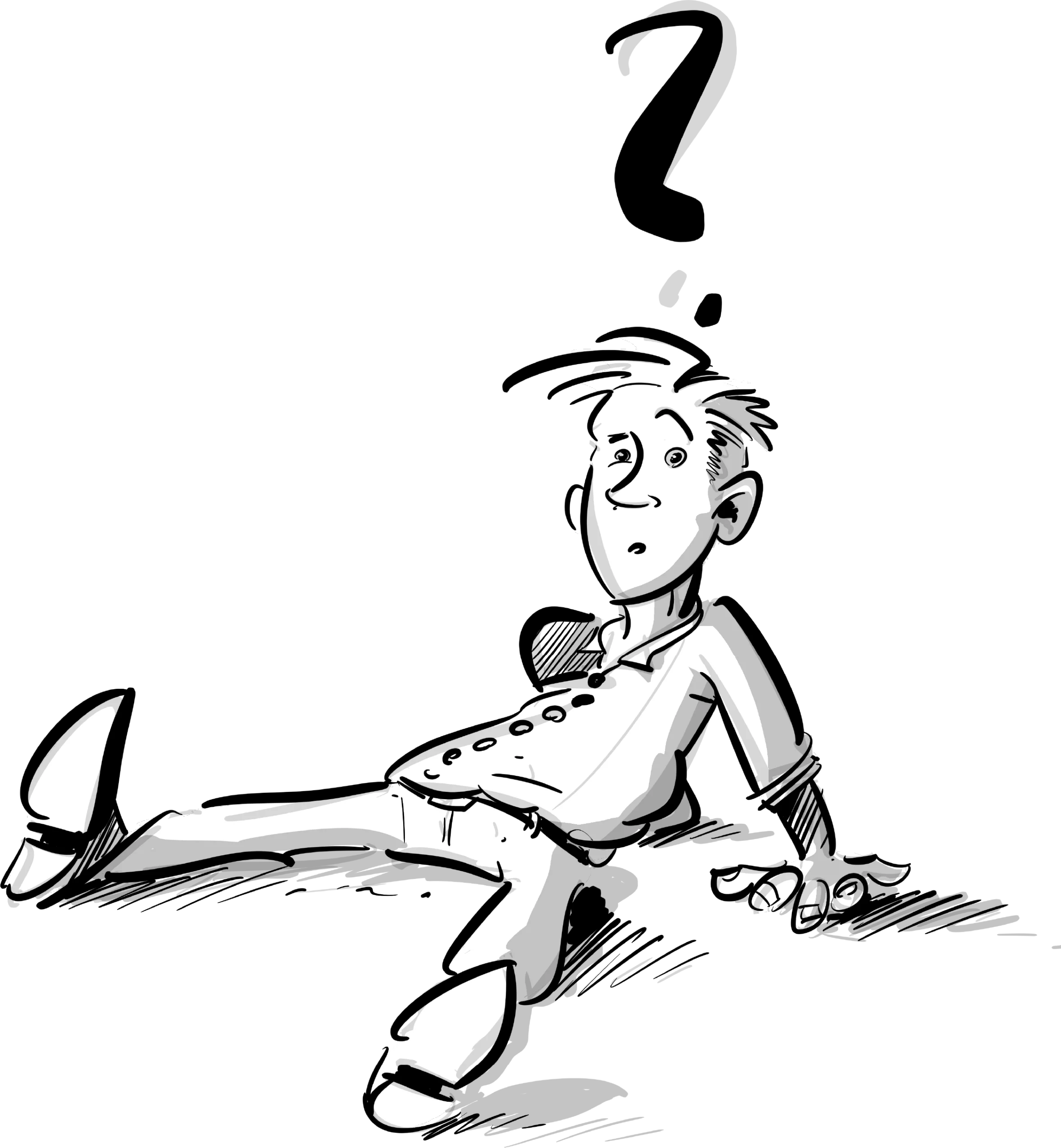 Alles steht Koppf 1 Cartoon-Figur mit verwirrtem Gesichtsausdruck und Fragezeichen über dem Kopf, sitzt auf dem Boden