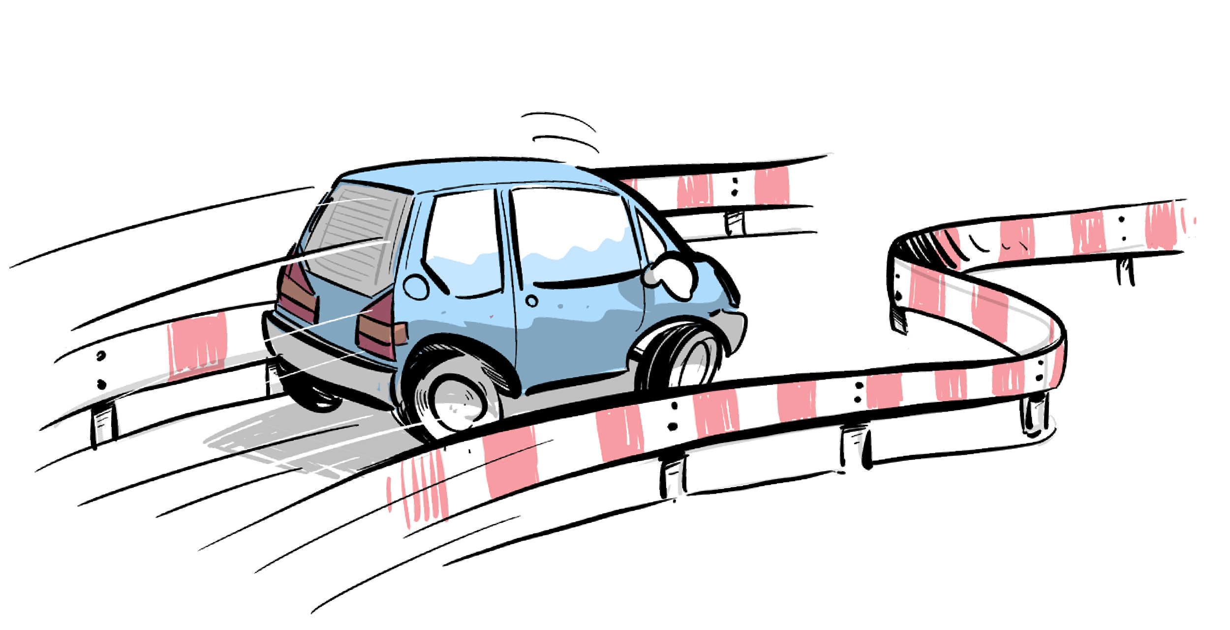 Blauer Kleinwagen fährt auf rot-weißen Schranken wie auf einer Achterbahn, symbolisiert Lebenswege und Bewegung