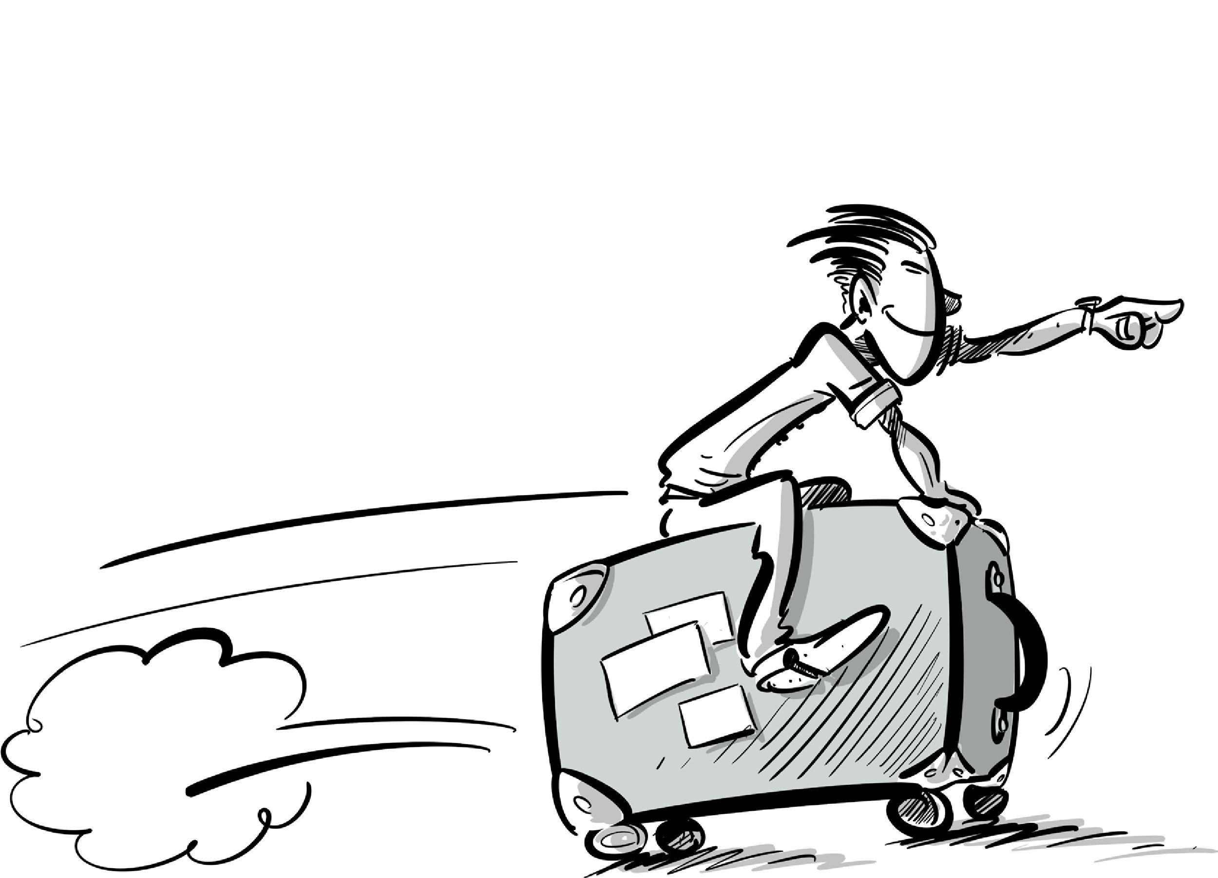 Aufbruch in neue Perspektiven Cartoon-Figur auf Reisekoffer deutet voraus, symbolisiert Aufbruch und Zukunftsperspektive