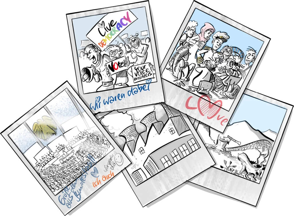 Sammlung von fünf Polaroid-Skizzen mit handschriftlichen Texten zu Demokratie, Glück und Selbstsorge für junge Menschen