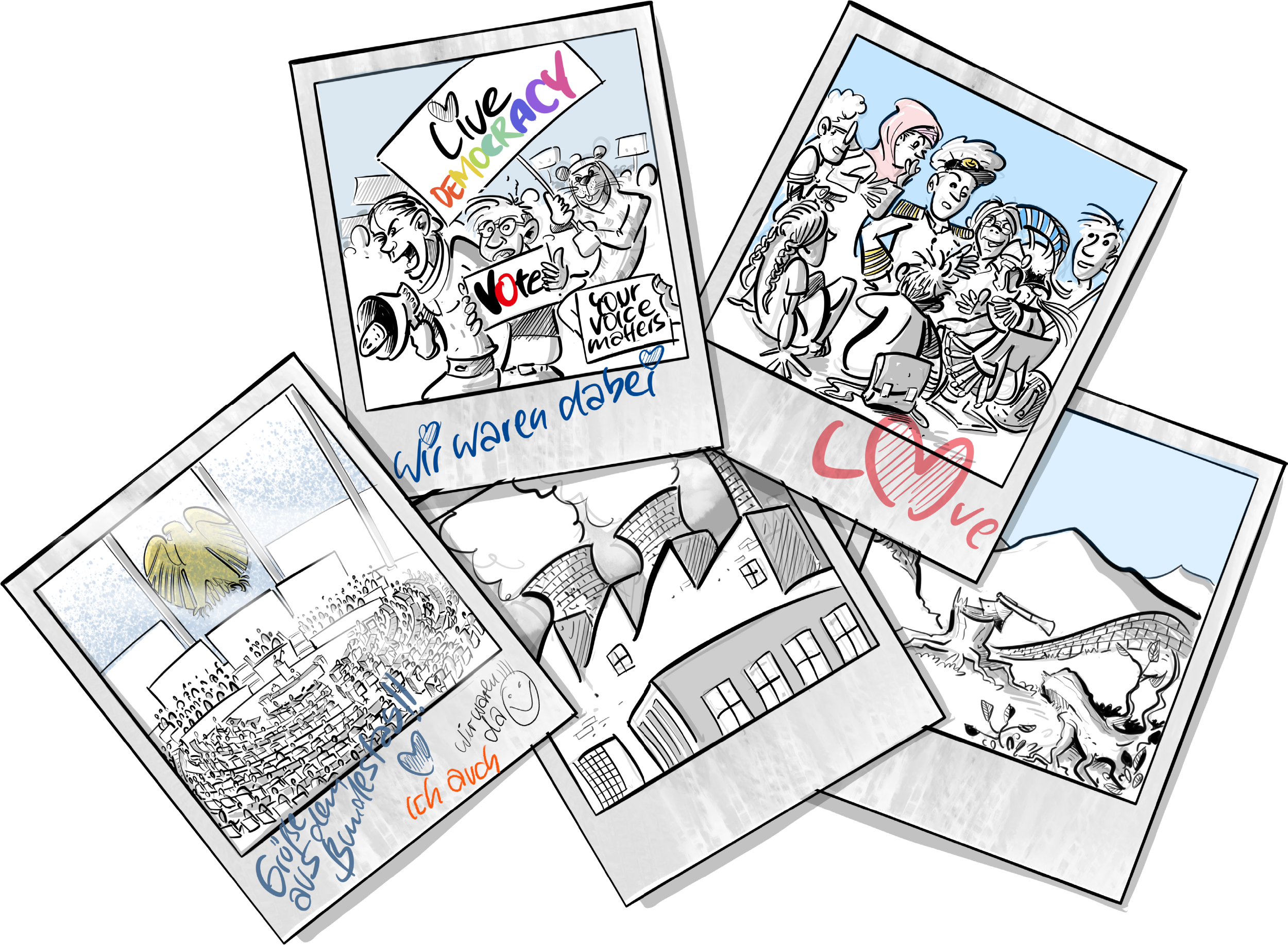 Wanderausstellung Demokratie und Happiness – Skizzencollage Sammlung von fünf Polaroid-Skizzen mit handschriftlichen Texten zu Demokratie, Glück und Selbstsorge für junge Menschen