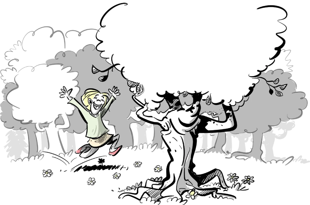 Person springt freudvoll unter einem Baum, während zwei weitere Personen tanzen und feiern in einer Waldlandschaft