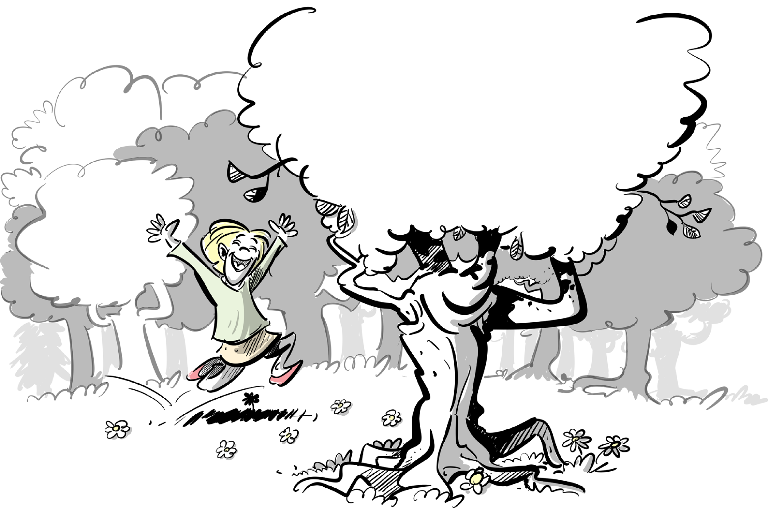 Element 5 Person springt freudvoll unter einem Baum, während zwei weitere Personen tanzen und feiern in einer Waldlandschaft