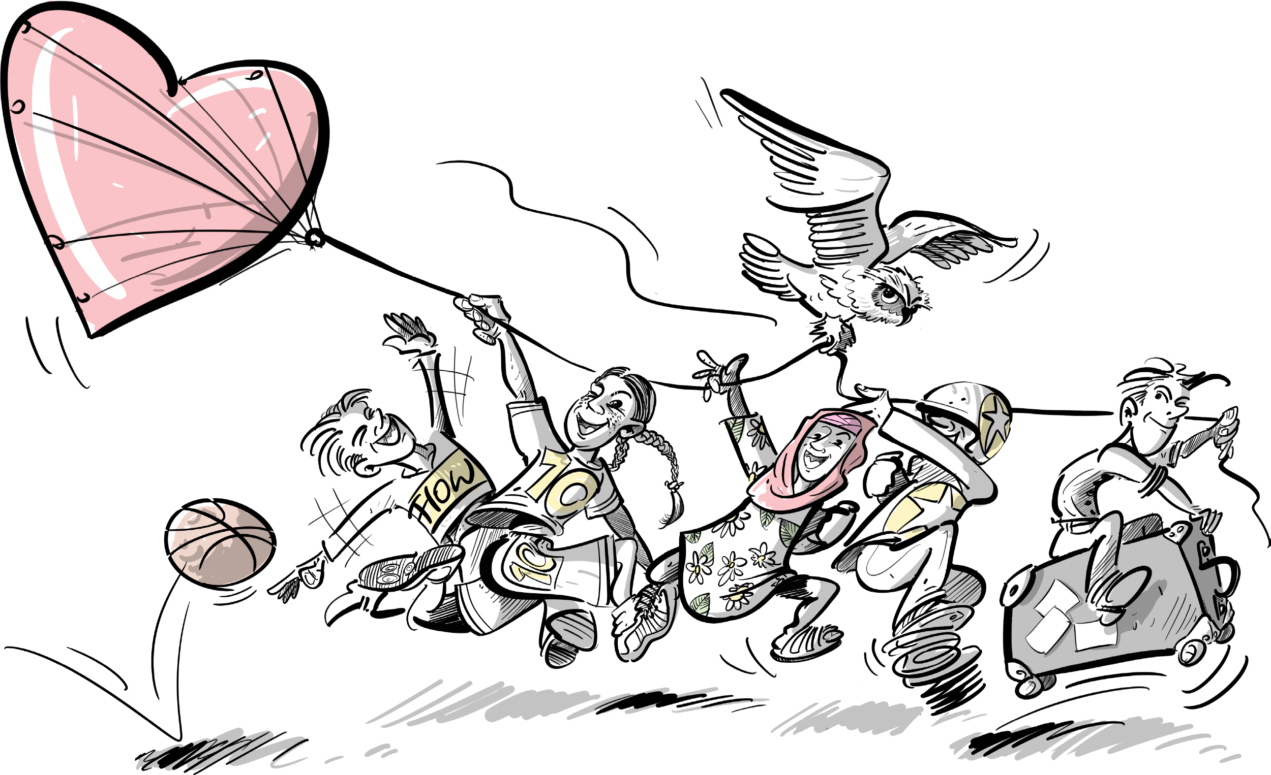Engagement und Zusammenhalt Illustration Gruppe junger Menschen rennt gemeinsam mit einer rosa Herzform-Drache und fangen dabei einen Vogel – Symbol für Engagement