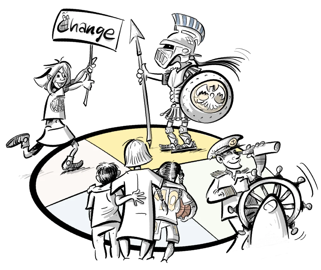 Illustration: Vielfältige Menschen und ein Roboter in einem Kreis um ein gelb hervorgehobenes Zentrum, eine Person hält ein
