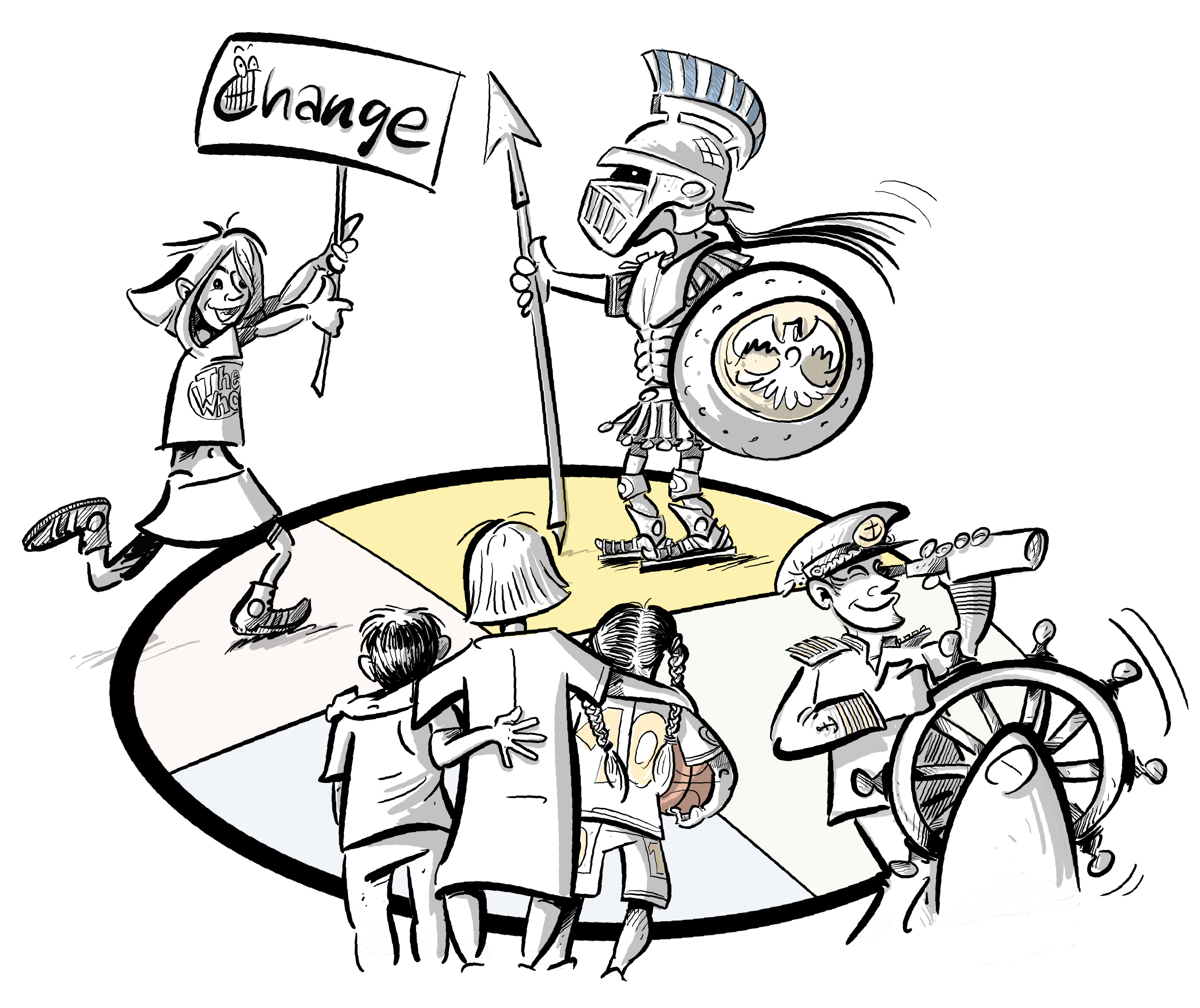 Change – Vielfalt und Transformation Illustration: Vielfältige Menschen und ein Roboter in einem Kreis um ein gelb hervorgehobenes Zentrum, eine Person hält ein